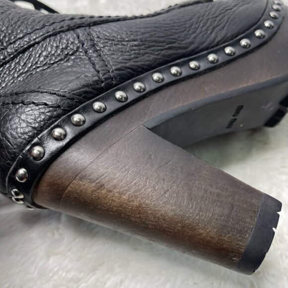 Miu Miu Women's Black Leather Heeled Lace Up Wooden Boots Size 40 - Picture 8 of 16